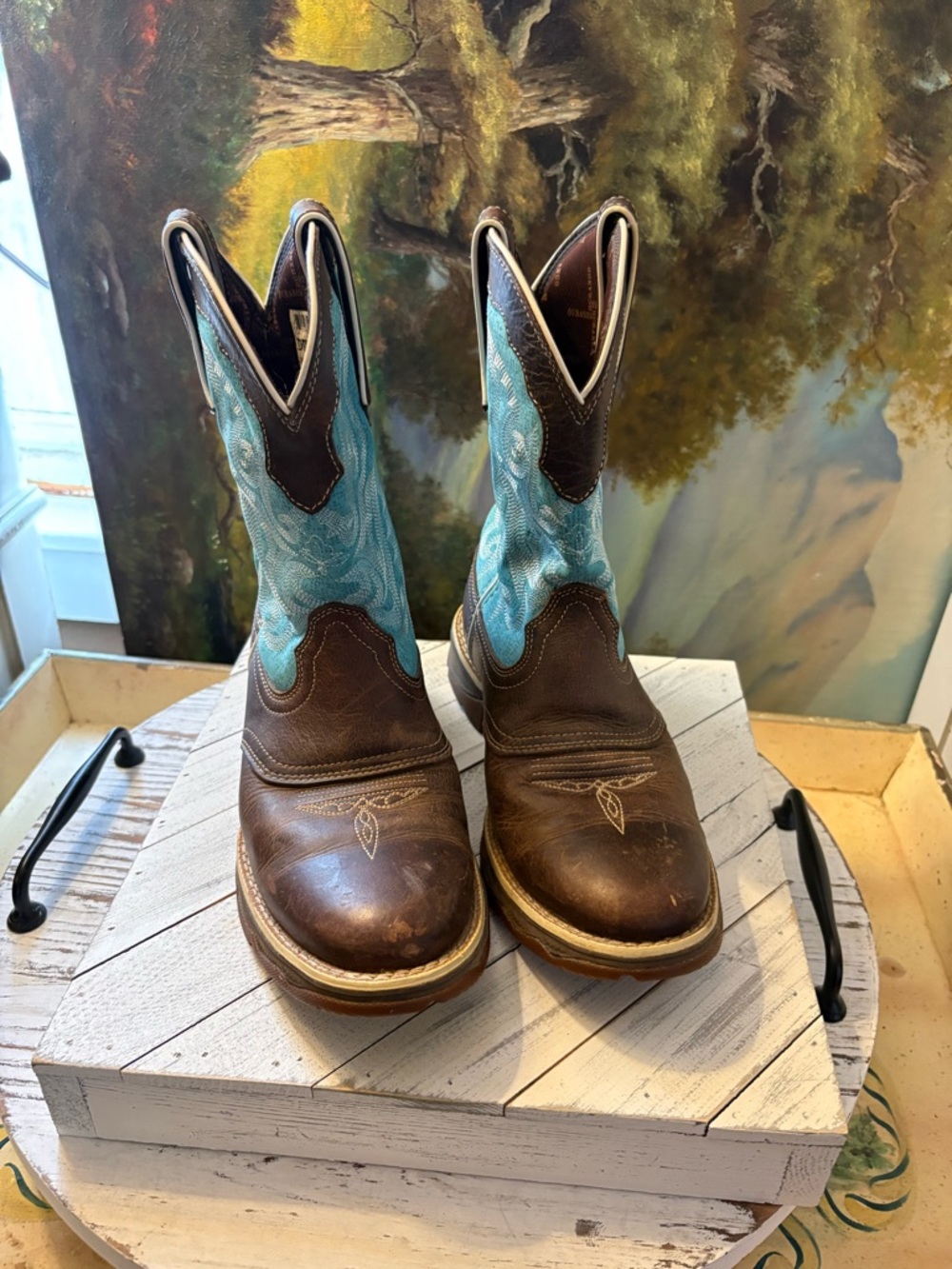Durango Brown & Turquoise Saddle Leather Western Boots Size 8 women’s
